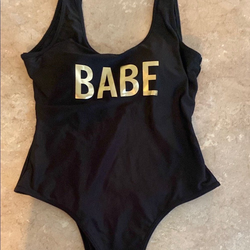 Black Babe One Piece Swimsuit with Gold Lettering/Bachelorette